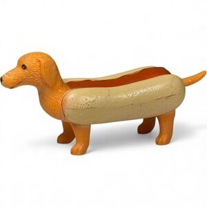 Ankyo Dachshund Hot Dog Figurine Hard Plastic Mustard Weiner Puppy Dog 6" Kitsch